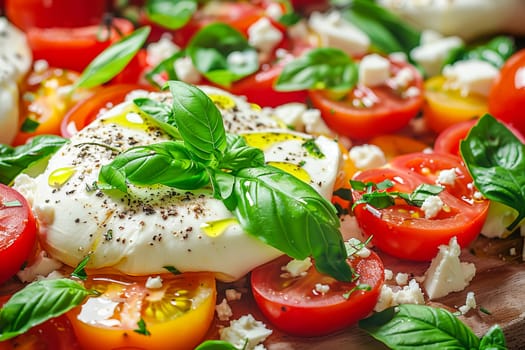 Burrata cheese on the surface of a colorful tomato salad with basil leaves and olive oil. Healthy food. AI generated.