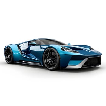 A blue Ford GT, featuring alloy wheels and automotive lighting, is displayed on a white background showcasing its sleek automotive design