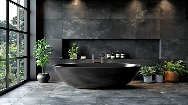 Elegant bathroom interior in a luxury house. Black bathroom with a large panoramic window.