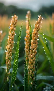 A close up of a wheat plant in a field, with water drops on its leaves. This terrestrial plant belongs to the grass family and is a crucial food source in agriculture