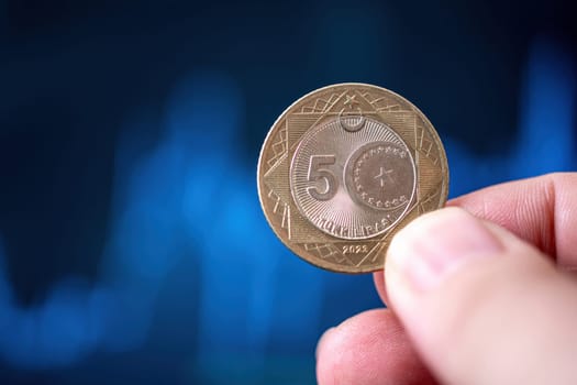 Hand holding a 5 Turkish Lira coin in front of a screen with financial chart curves