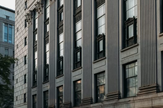 Close-up of a classic architectural building facade in downtown New York City featuring vertical columns and window detailing with natural light.
