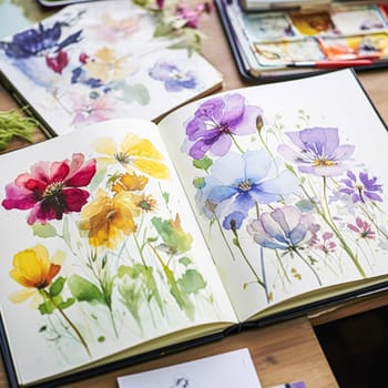 Watercolour painting of wildflowers in a sketchbook, surrounded by an array of watercolour paints and brushes on a wooden table, hobby and craft idea