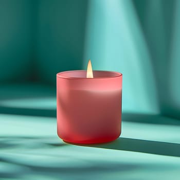 A crimson candle is displayed on a vibrant emerald table, creating a striking contrast of colors. The flickering flame dances atop the wax cylinder, adding an artistic touch to the scene