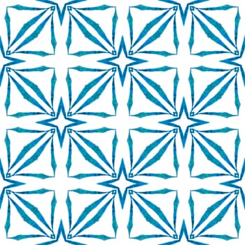 Textile ready grand print, swimwear fabric, wallpaper, wrapping. Blue extraordinary boho chic summer design. Ikat repeating swimwear design. Watercolor ikat repeating tile border.