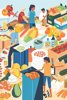 Illustrative painting depicting a bustling food market or food bank scene. Various fresh produce and packaged goods displayed in boxes