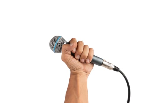 Black male hand holding a microphone isolated on white background. High quality photo