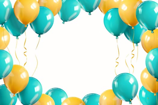 Frame of balloons in turquoise blue and yellow colours with white blank space for text.Party and celebration invitation.