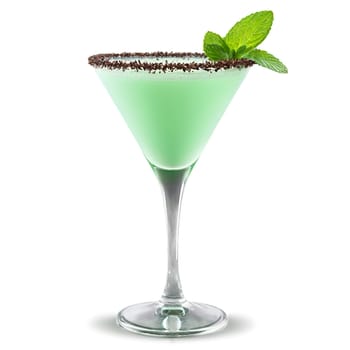 Grasshopper glass short and stemmed filled with a rich creamy mint green cocktail dusted with. Drink isolated on transparent background