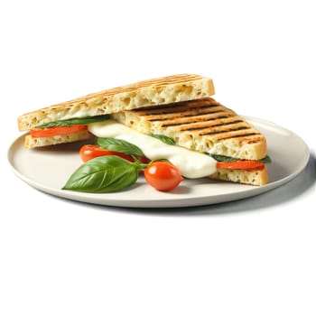 Grilled vegetable and mozzarella panini with crispy golden bread and a basil leaf Summer food. close-up food, isolated on transparent background