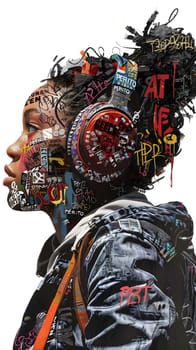 A painting of a fictional character wearing a helmet and headphones, with graffiti on their face. This artwork combines visual arts with elements of personal protective equipment and street art