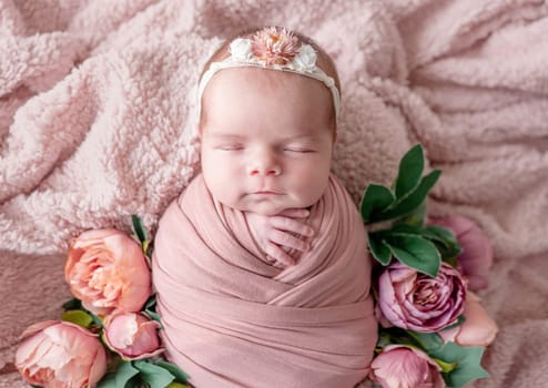 Newborn Baby Girl Sleeps In Swaddle During Studio Photo Session