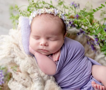 Newborn Baby Girl Sleeps In Basket With Flowers During Studio Photoshoot