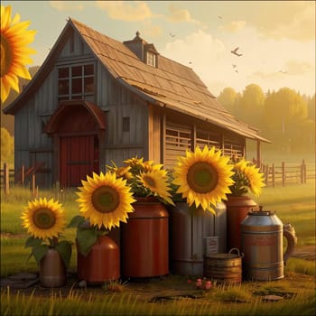 Vintage image of a rural farm wooden house with an antique milk can, a dilapidated barn, a bouquet of sunflowers. Junk journal. photograph with wear and tear. Country mood.