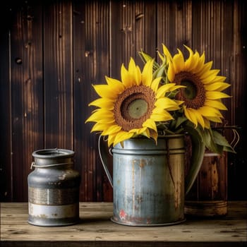 Vintage image of a rural farm wooden house with an antique milk can, a dilapidated barn, a bouquet of sunflowers. Junk journal. photograph with wear and tear. Country mood.