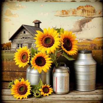 Vintage image of a rural farm wooden house with an antique milk can, a dilapidated barn, a bouquet of sunflowers. Junk journal. photograph with wear and tear. Country mood.