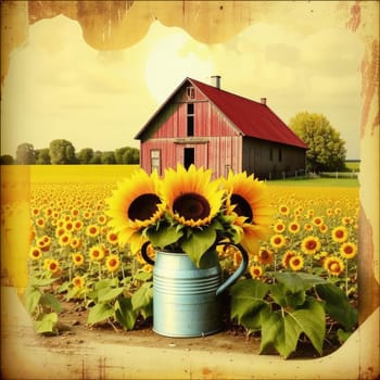 Vintage image of a rural farm wooden house with an antique milk can, a dilapidated barn, a bouquet of sunflowers. Junk journal. photograph with wear and tear. Country mood.