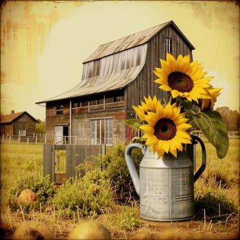 Vintage image of a rural farm wooden house with an antique milk can, a dilapidated barn, a bouquet of sunflowers. Junk journal. photograph with wear and tear. Country mood.