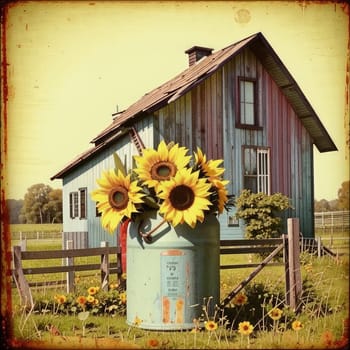 Vintage image of a rural farm wooden house with an antique milk can, a dilapidated barn, a bouquet of sunflowers. Junk journal. photograph with wear and tear. Country mood.