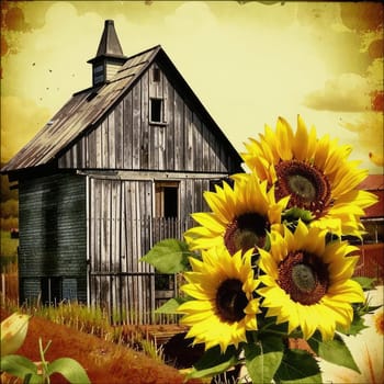 Vintage image of a rural farm wooden house with an antique milk can, a dilapidated barn, a bouquet of sunflowers. Junk journal. photograph with wear and tear. Country mood.