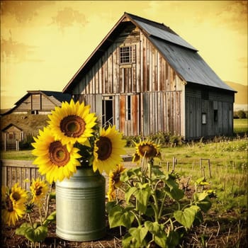 Vintage image of a rural farm wooden house with an antique milk can, a dilapidated barn, a bouquet of sunflowers. Junk journal. photograph with wear and tear. Country mood.