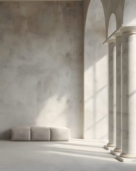 A monochrome photography of an empty room with grey concrete flooring, columns, arches, and a rectangular couch. The symmetry and artistic touch enhance the monochromatic shades