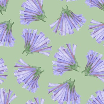 Simple Cornflower Floral Seamless Pattern on a Light Green Background. Hand Drawn Simple Cornflower Digital Paper. Wild Meadow Flowers Drawn by Colored Pencils.