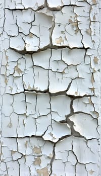 A detailed closeup of cracked white paint on a wall, revealing intricate patterns resembling a stone wall or brickwork. The distressed paint contrasts with the grey road surface