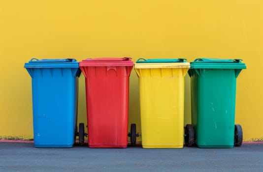 Set of four colourful plastic trash cans outdoors on yellow background wall.