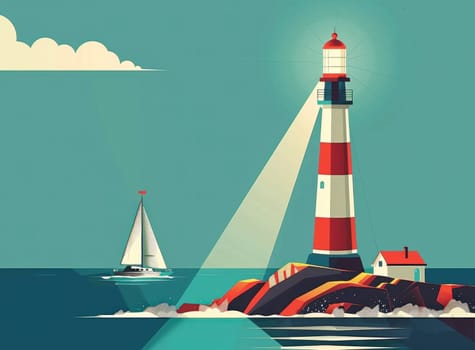 Scenic coastal landscape with lighthouse, sailboat, and tranquil waters in seaside travel destination illustration