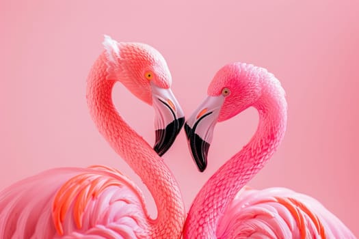 Romantic flamingos forming heart shape on pink background for love, nature, travel, and beauty concept