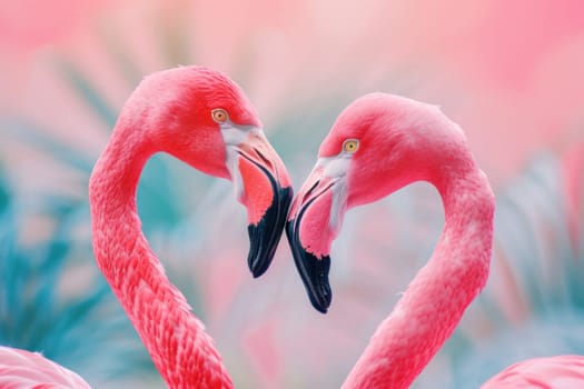 Pink flamingos creating heart shape against pink and green background for valentine's day celebration in nature settings