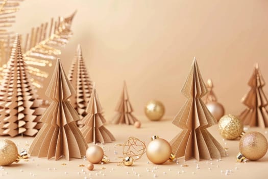 Golden christmas trees and ornaments on beige background with copy space for holiday travel and festive decor inspiration