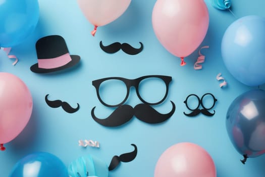Celebration accessories and party decorations with colorful balloons, hats, glasses, mustache and top view on blue background