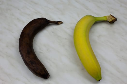 Black old banana next to fresh yellow banana. Spoiled fruit fruit on white table