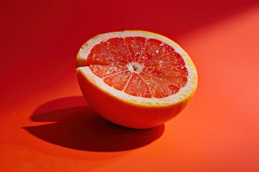 Citrus delight half of a grapefruit on a vibrant red surface with a shadow, healthy eating and nutrition concept