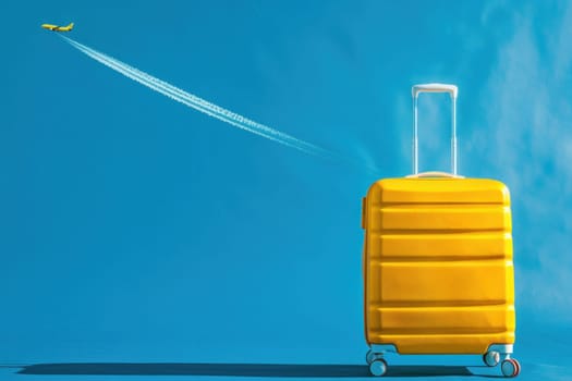 Journey to adventure exploring the world with a stylish yellow suitcase underneath a jet plane in the blue sky