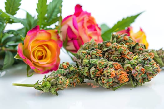 Green beauty cannabis buds and roses on white surface with flower in foreground