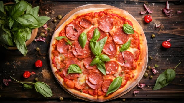 Delicious aromatic pizza with gooey cheese, salami, pepperoni, and basil, next to the ingredients on a dark table surface. Making pizza in a private pizzeria, small business, private business, chain restaurant, flavorful food, advertising, copy space