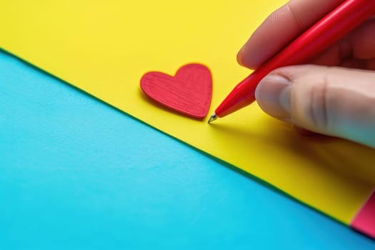 Person drawing heart shape with red pen on paper as symbol of love and affection in artistic creation