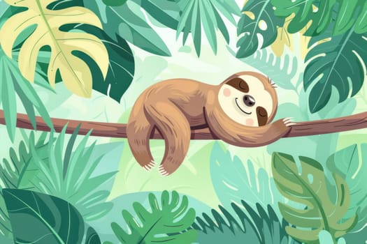 Sleepy sloth relaxing on tree branch in lush jungle environment with greenery and foliage around, cute animal illustration concept for nature and wildlife themes