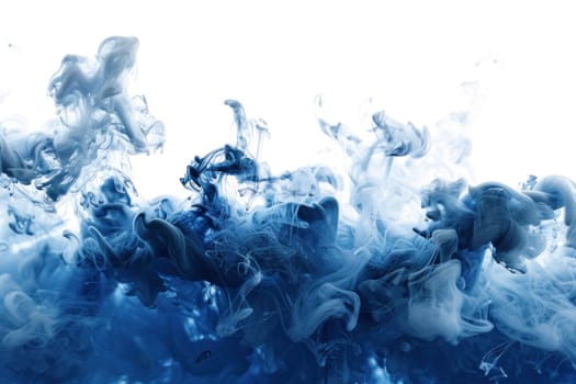 Blue ink swirling in water on white background with copy space for your text