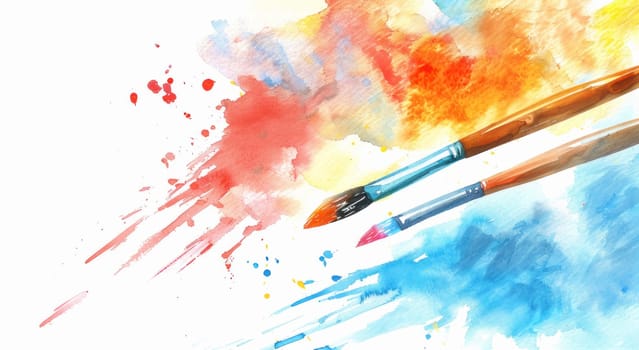 Creative watercolor paint splatters and brushes on white background with blue and orange accents for art inspiration and design projects