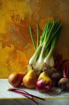 Assortment of fresh vegetables displayed on table next to artistic painting on wall for healthy eating inspiration