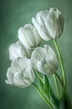 Lush white tulips blossoming in bright spring sunshine against vibrant greenery background in nature