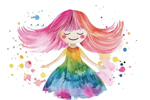 Colorful fashion illustration of a girl with pink hair and vibrant dress on white background