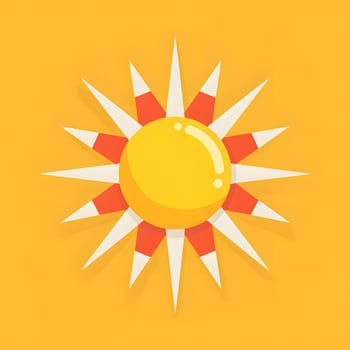 A circular logo design featuring a yellow sun with red and white rays on a yellow background, symbolizing symmetry and the beauty of an astronomical object