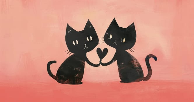 Love and friendship two black cats holding hands in a romantic gesture on a pink background with hearts