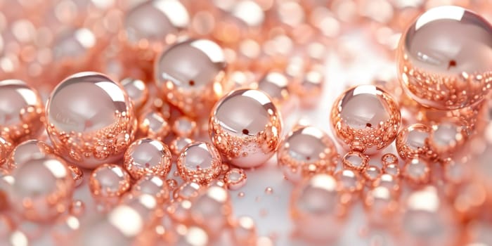 Group of shiny copper balls and bubbles on white surface abstract reflections in business and art world