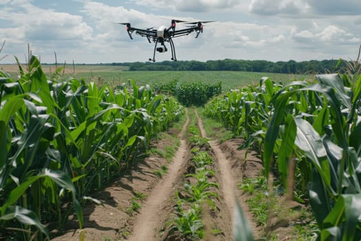 Drone flying over beautiful corn field on sunny day in the middle of travel adventure